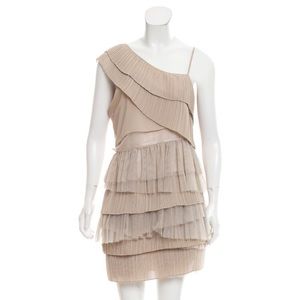 One shoulder pleated ruffled beige dress tan